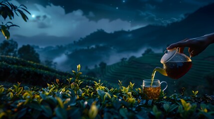 Glass teapot pours hot tea into transparent cup on wooden table with fresh leaves on tea plantation, night mystic field background, moonlight, magic,  with copy space for text, product advertisement. 