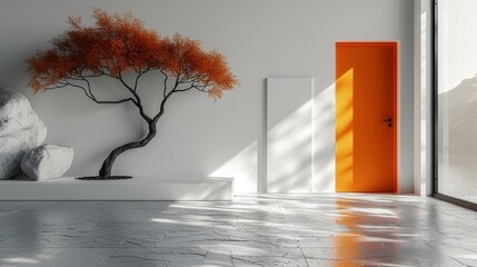 White room with orange door concept.