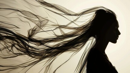 Naklejka premium Silhouette shadow of woman with flowing hair background wallpaper concept