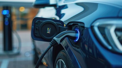 Close-up of an electric vehicle's charging port while plugged in, highlighting the connection and the clean lines of the car's design - obrazy, fototapety, plakaty