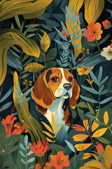 Cute beagle dog sitting in the forest among many plants and flowers, greeting card, wallpaper illustration - 784668023