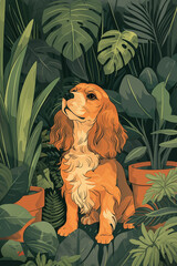 Cute English cocker spaniel dog sitting among house plants in the garden, greeting card, wallpaper illustration - 784668047