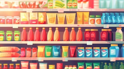 Supermarket grocery shelves cartoon background wallpaper concept - obrazy, fototapety, plakaty