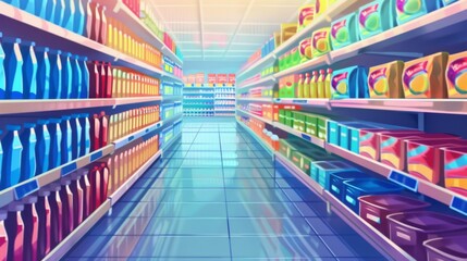 Supermarket grocery shelves cartoon background wallpaper concept