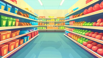 Fototapeta na wymiar Supermarket grocery shelves cartoon background wallpaper concept
