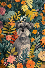 Cute salt and pepper miniature schnauzer dog sitting among tropical plant and flowers in the forest, greeting card, wallpaper illustration - 784668449