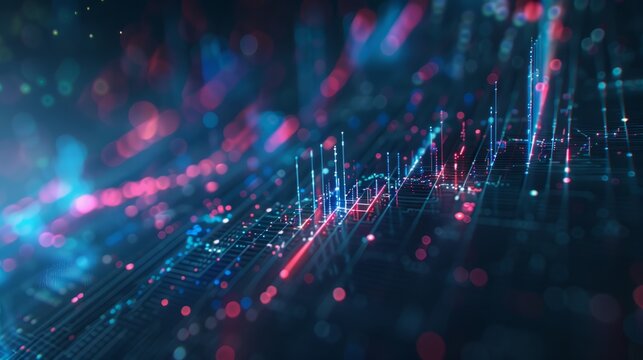Perspective view of stock market growth, business investing and data concept with digital financial chart graphs, diagrams and indicators on dark blue blurry background. 3D rendering. generative AI