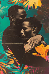 Psychedelic collage of two black men hugging each other with love and affection - 784668693