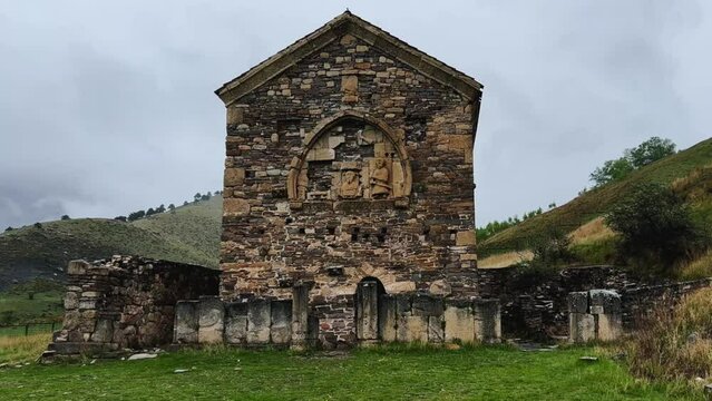 Thaba-Yerdy in Ingushetia. ZEISS, RUSSIA - MAY 19, 2023: Video of the Thaba-Yerdy Temple, the oldest temple in Ingushetia. The Caucasus Mountains. 4K