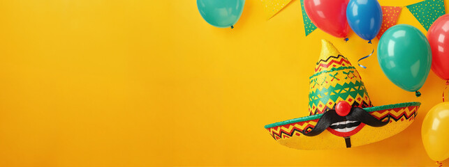 Fiesta banner for Cinco de Mayo celebration. May 5, federal holiday in Mexico. Hispanic style yellow greeting card with paper garland, sombrero, moustache, balloons and copy space