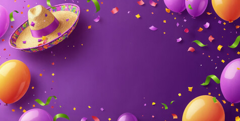 Fiesta banner for Cinco de Mayo celebration. May 5, federal holiday in Mexico. Hispanic style purple greeting card with paper garland, sombrero, balloons and copy space