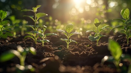 Seedlings thrive in fertile soil under the morning sunlight highlighting an ecological idea hyper realistic  - obrazy, fototapety, plakaty