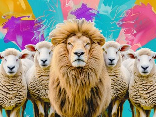 Sheeps with a lion leadership on colorful background. A conceptual pop art collage. 