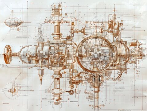 Schematic diagrams of intricate machines, revealing the inner workings of engineering marvels. 