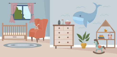 Children's room. Children's bedroom with a crib, chest of drawers, carpet, toys, books, armchair, indoor plant. Interior concept. Vector illustration in flat style.