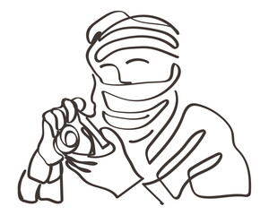 Hand drawn line art vector of a man holding camera. Legendary work of legendary people. Photography
