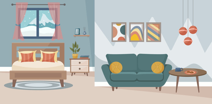 Cozy bedroom and living room. Bedroom and living room interior: bed, dressing table with chair, carpet, potted plants, window, sofa, paintings. Interior concept. Vector flat illustration.