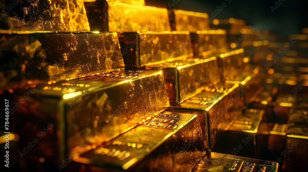 Poster stacks of pure gold bar on dark background. represent business and finance concept idea. generative 
