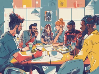 Stylized illustration of a diverse team engaging in a creative brainstorming session. 