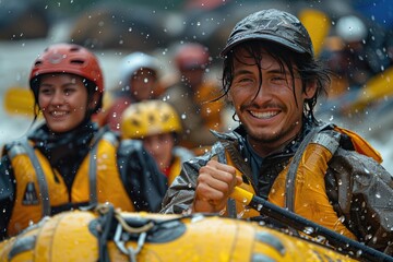 rafting on a large boat on a mountain river. Group of men and women in water raft through challenging rapids, working together as a team for an extreme sport adventure