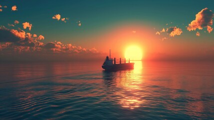 Fototapeta premium Twilight over the ocean with a lone cargo ship silhouetted against the setting sun