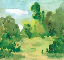 
Flying landscape,,sunny forest landscape,green fields and trees, watercolor illustration of 