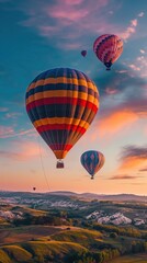 Colorful hot air balloons soaring over a vibrant landscape at dawn