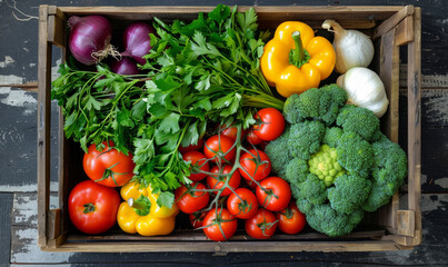 The wooden box contains a variety of natural foods including tomatoes, broccoli, peppers, and...