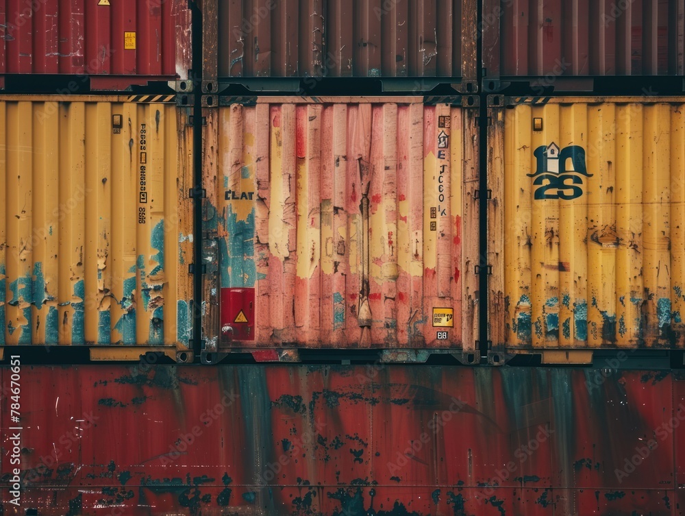 Poster a close-up on the side of a cargo ship focusing on the intricate details of stacked containers