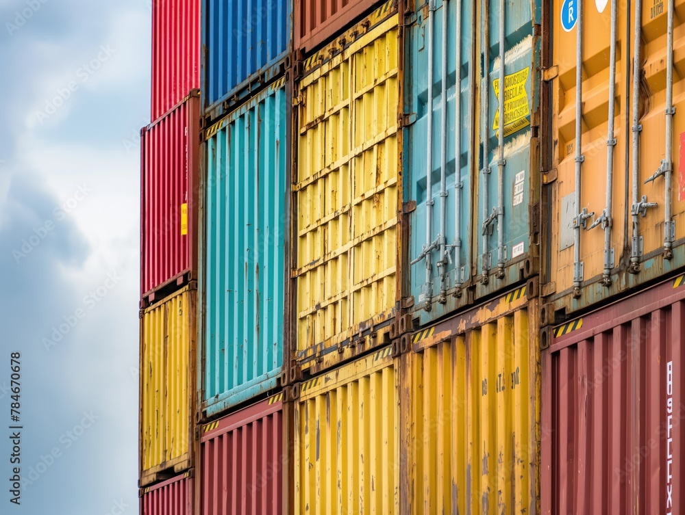 Poster a close-up on the side of a cargo ship focusing on the intricate details of stacked containers
