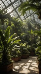 Fototapeta na wymiar Sunlight filters through glass ceiling of lush greenhouse, casting intricate shadows that dance across floor, highlight verdant foliage. Various potted plants.