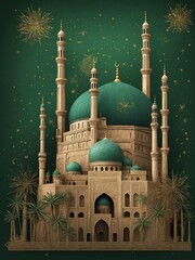 Majestic mosque, characterized by its elaborate architecture, stands against dark green backdrop adorned with golden, star-like patterns. Mosque features multiple domes.