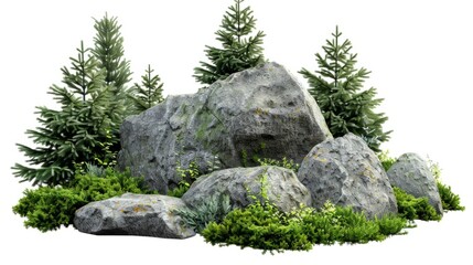 rock surrounded by fir trees. on white background generative ai