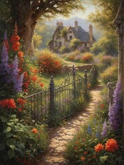 Picturesque stone pathway, bordered by ornate wrought iron gate, leads to charming cottage nestled amidst lush, blooming garden. Garden alive with vibrant flowers of various hues; purples, reds,.