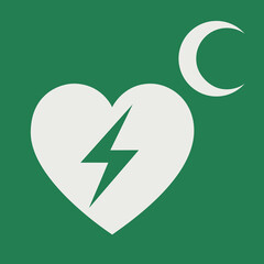 SAFETY CONDITION SIGN PICTOGRAM, Automated external heart defibrillator with crescent moon ISO 7010 – E010 - obrazy, fototapety, plakaty
