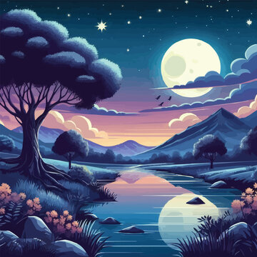 free vector Night landscape and river with full moon and tree