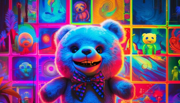Large vampire teddy bear smiling while standing in front of a wall of photographs AI Generated