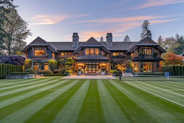 A Craftsman estate with a grand entryway, custom millwork, and an expansive lawn leading to a...