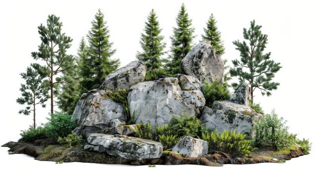 rock surrounded by fir trees. on white background generative ai