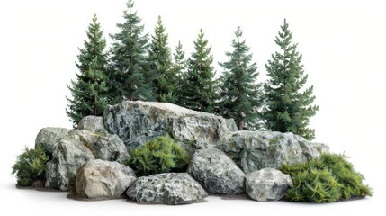 rock surrounded by fir trees. on white background generative ai - obrazy, fototapety, plakaty