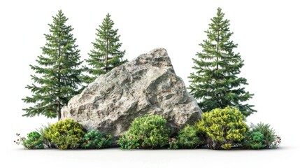 rock surrounded by fir trees. on white background generative ai - obrazy, fototapety, plakaty