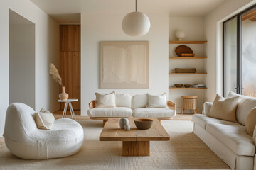 A contemporary living room in scandinavian style with sofas, wooden coffee table and abstract art on the wall
