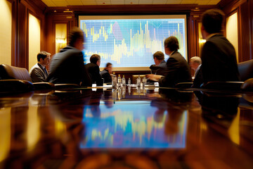 A businesspeople in suits around a polished conference table against a charts and graphs projected onto a large screen. Shallow depth of field, blurred