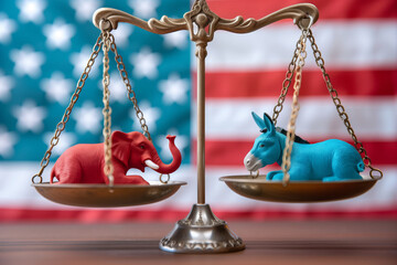 A balanced brass scales showcasing a red elephant and a blue donkey, symbols for the American Republican and Democrat parties, against a blurred US flag background - 784671639