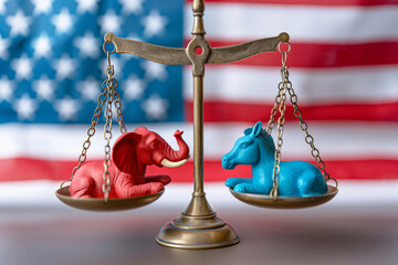 A balanced brass scales showcasing a red elephant and a blue donkey, symbols for the American Republican and Democrat parties, against a blurred US flag background - 784671645
