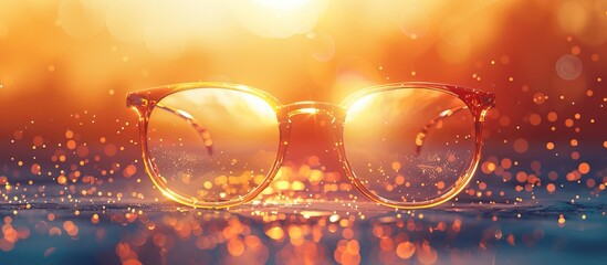 A pair of glasses highlighted by a warm, golden sunset glow - obrazy, fototapety, plakaty