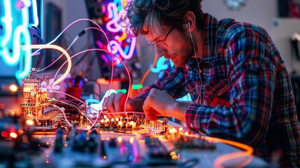 Artist creating electric neon art, cables connecting to light sources, studio, closeup, colorful creativity