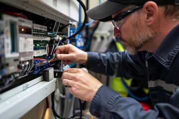 Home smart grid system installation, technician connecting devices, closeup, modern home energy