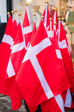 Many small Danish flags. Flag of Denmark. 