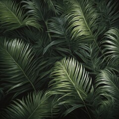 Dense collection of dark green palm leaves fills entire frame, creating lush, vibrant scene. Leaves intricately detailed, showcasing natural patterns, textures that make each leaf unique.